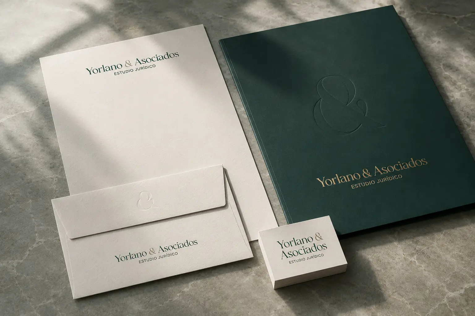 Papelería institucional de Yorlano & Asociados con logotipo aplicado en impresión